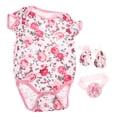 thumbnail image 4 of Mono de bebé recién nacido de 3 piezas con estampado de rosas, diadema de flores y zapatos, mono de algodón de manga corta de una pieza, ropa para muñeca renacida, muñeca niña pequeña., 4 of 5