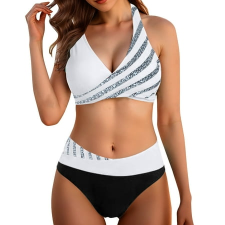 Rigardu Hot Sale!! Women s Bikini Sets High Waisted Crisscross Swimsuit Underwire Ruched Full Coverage Bottom Womens Adjustable Bikini Bra Shorts Bikini Swimsuit Split Swimsuit White L