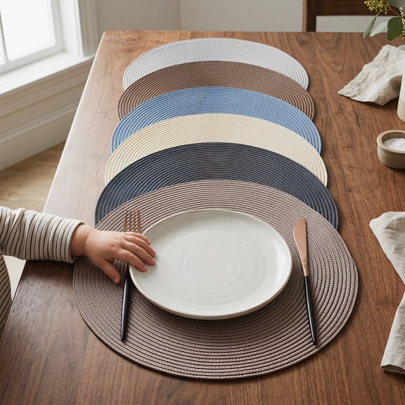 ChenHW Woven Round Placemats Set of 6, 15 inches Non-Slip Table Mats for Dining and Kitchen, Neutral