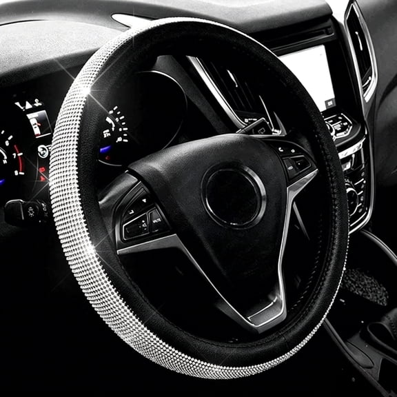 Bling Crystal Steering Wheel Cover 15 in PU Leather Universal Women Black ﻿