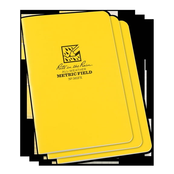 Rite in the Rain Weatherproof Stapled Notebook, 4.625" x 7", Yellow Cover, Metric Field Pattern, 3 Pack (No. 361FX) CA1