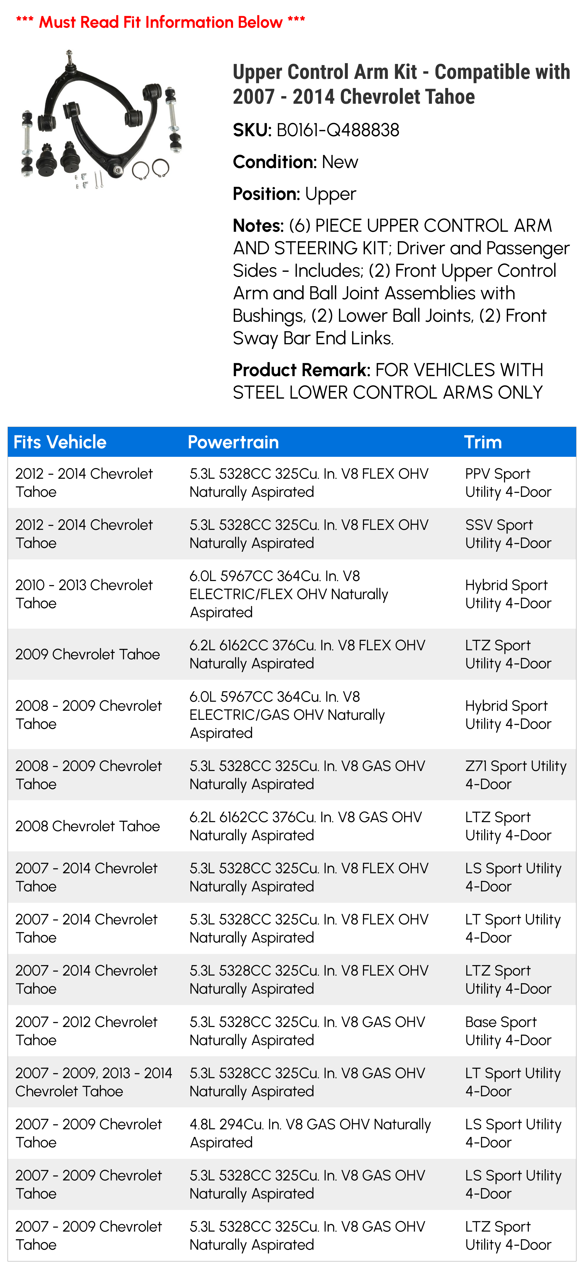 Upper Control Arm Kit - Compatible with 2007 - 2014 Chevrolet Tahoe - Replacement