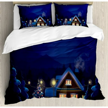 Ambesonne Christmas Winter Scenery with Decorated House and Tree at Night Family Themed Duvet Cover