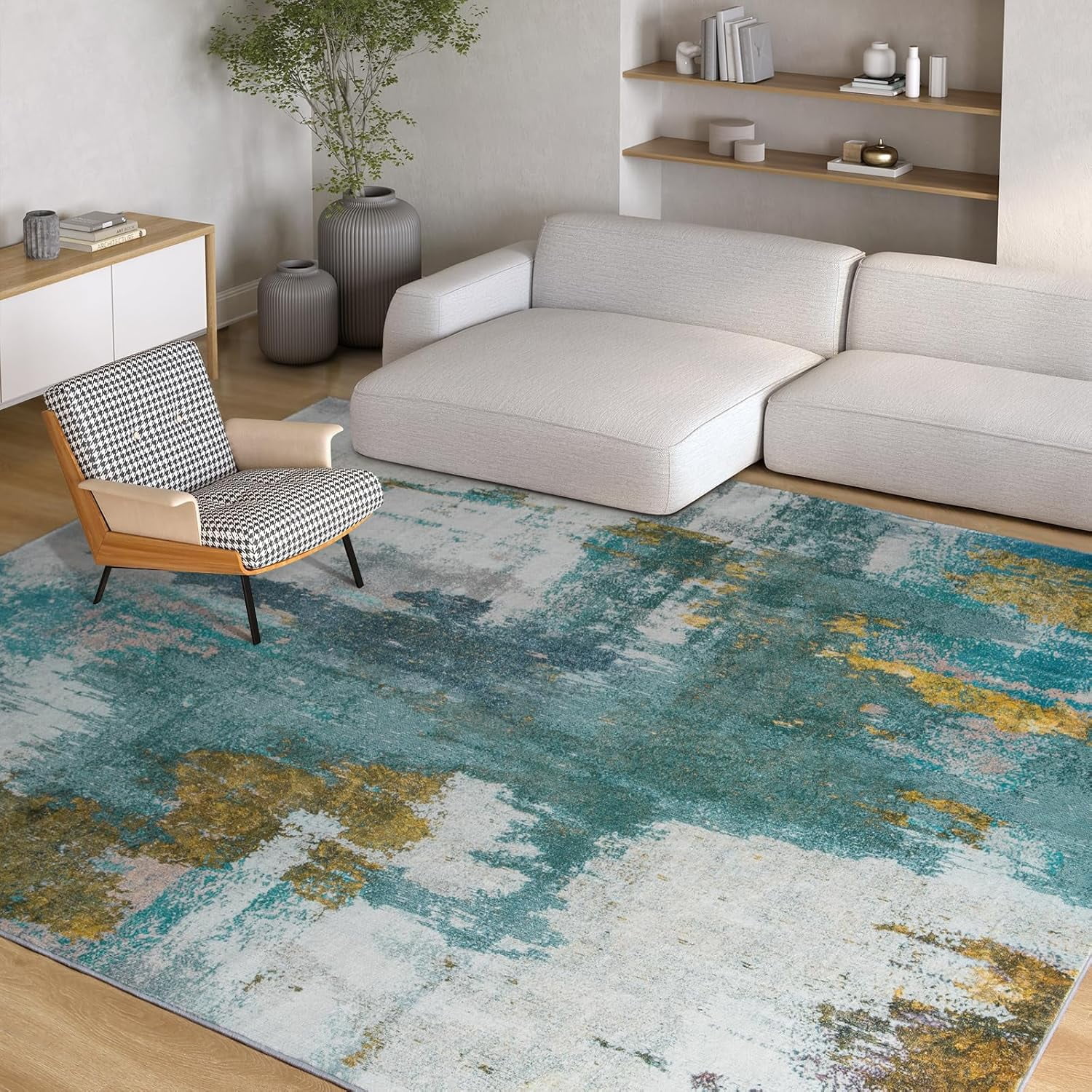 Lochas Modern Vintage Abstract Rug Fluffy Area Rugs Soft Carpet for Living Room Bedroom Home Decor,5'x7',Blue