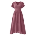 thumbnail image 4 of Women's Summer Chiffon Midi Dress Flutter Sleeve Wrap V Neck A Line Flowy Long Dress Wedding Guest Party Dress Beach Vacation Sundress Purple, 4 of 6