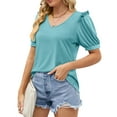 thumbnail image 5 of Odeerbi Summer Casual Elegant Tops for Women Fashion V-Neck Solid Short Sleeve Sexy Blouse Sky Blue, 5 of 9