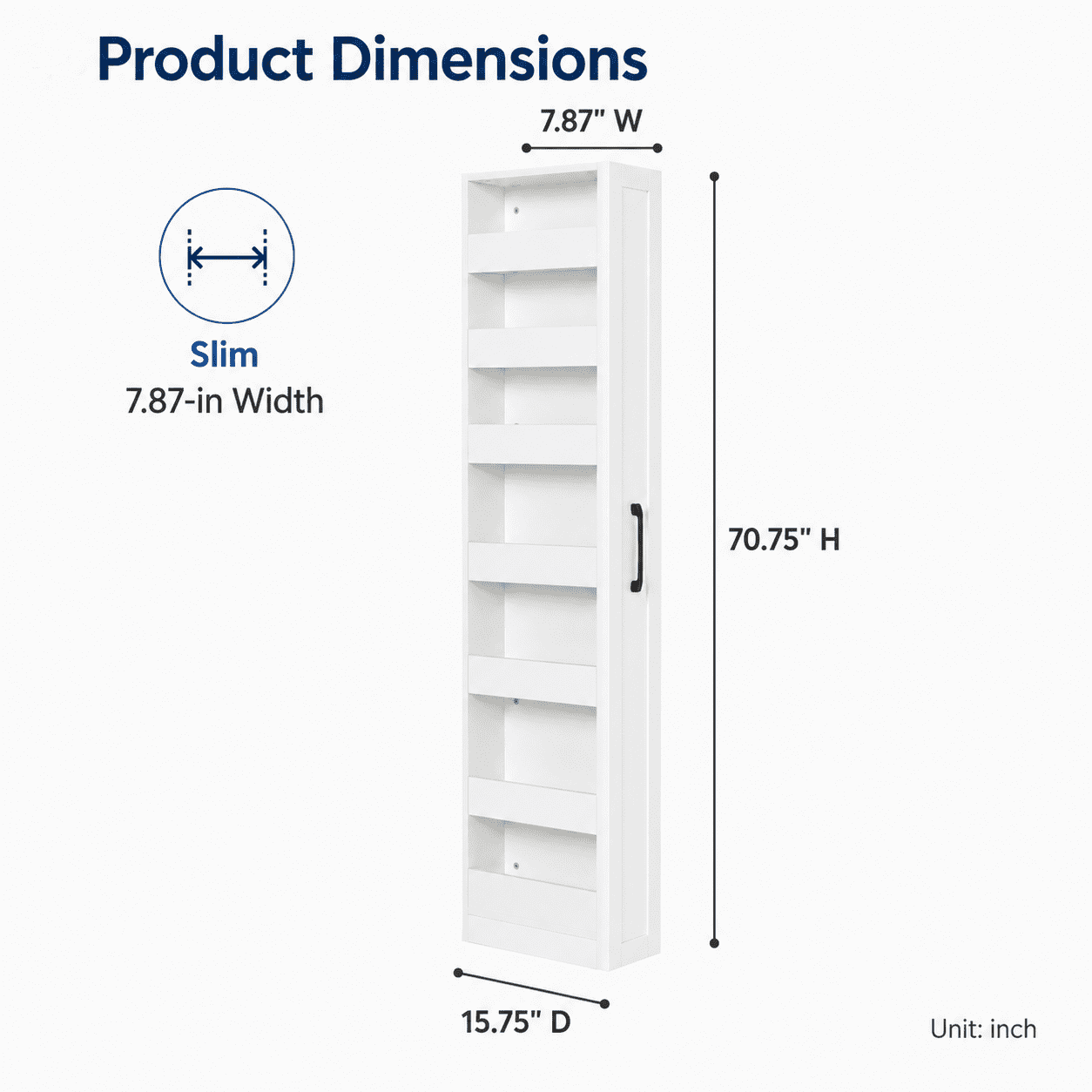 Aukfa 7-Tier Slim Rolling Pantry Cabinet, 68.3" Narrow Pull-Out Kitchen Storage Cart with Handle and Casters,White