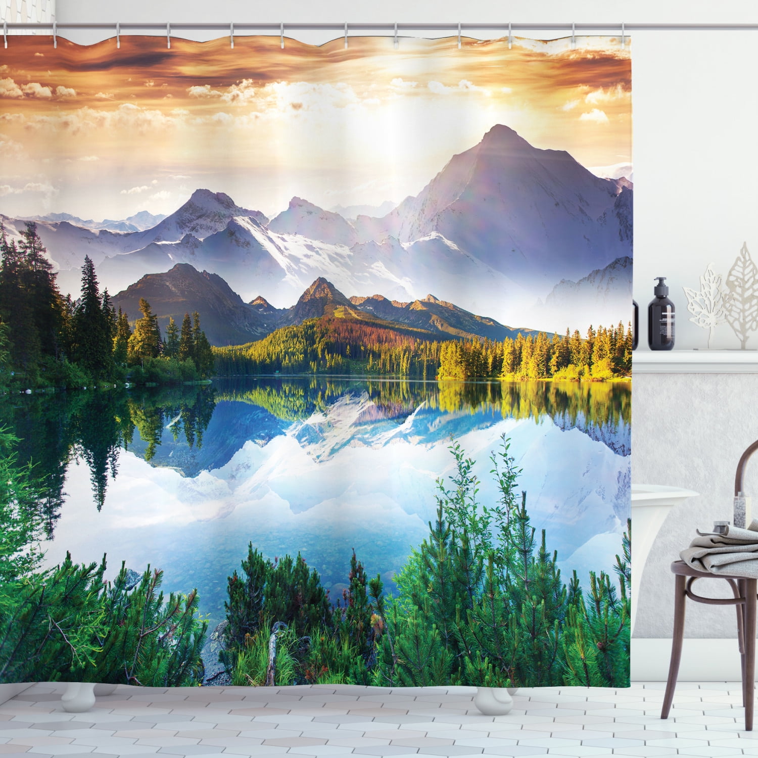 Nature Shower Curtain, Winter Scenery in the Mountains Greenery Icy