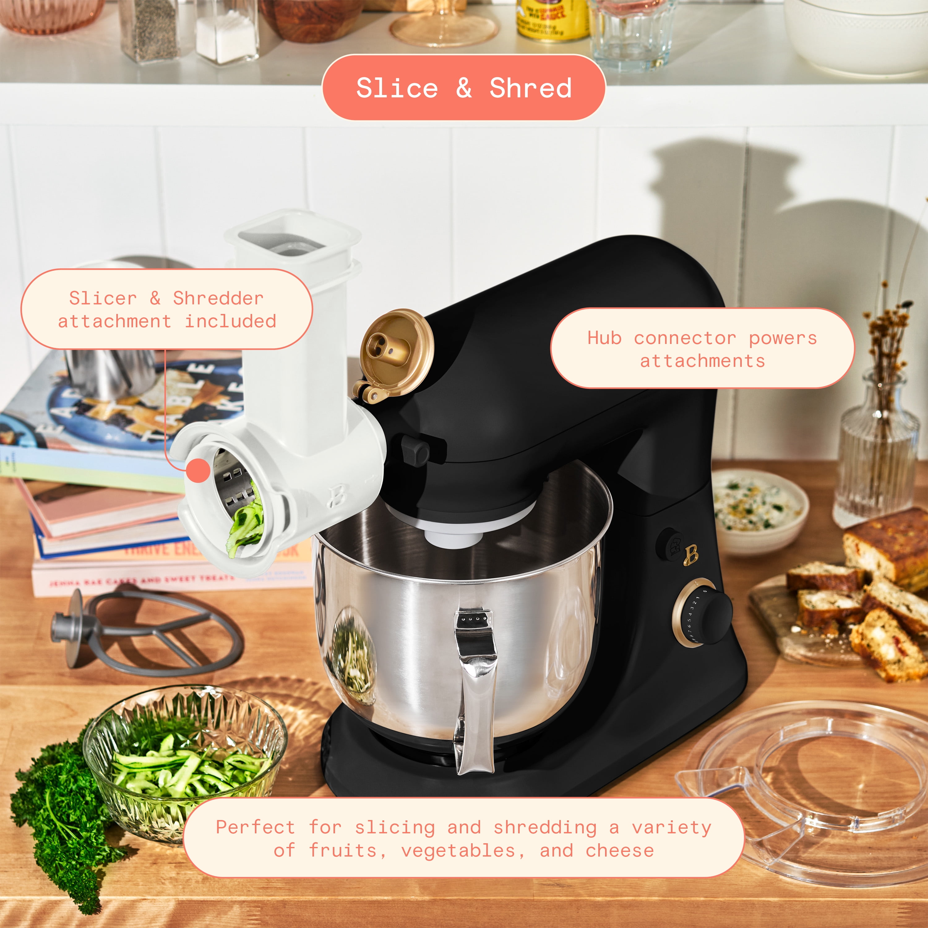 Beautiful 6 Qt Tilt-Head Stand Mixer with Dough Hook, Flat Beater, Balloon Whisk, Pastry Beater & Slicer/Shredder Set, Black Sesame by Drew Barrymore