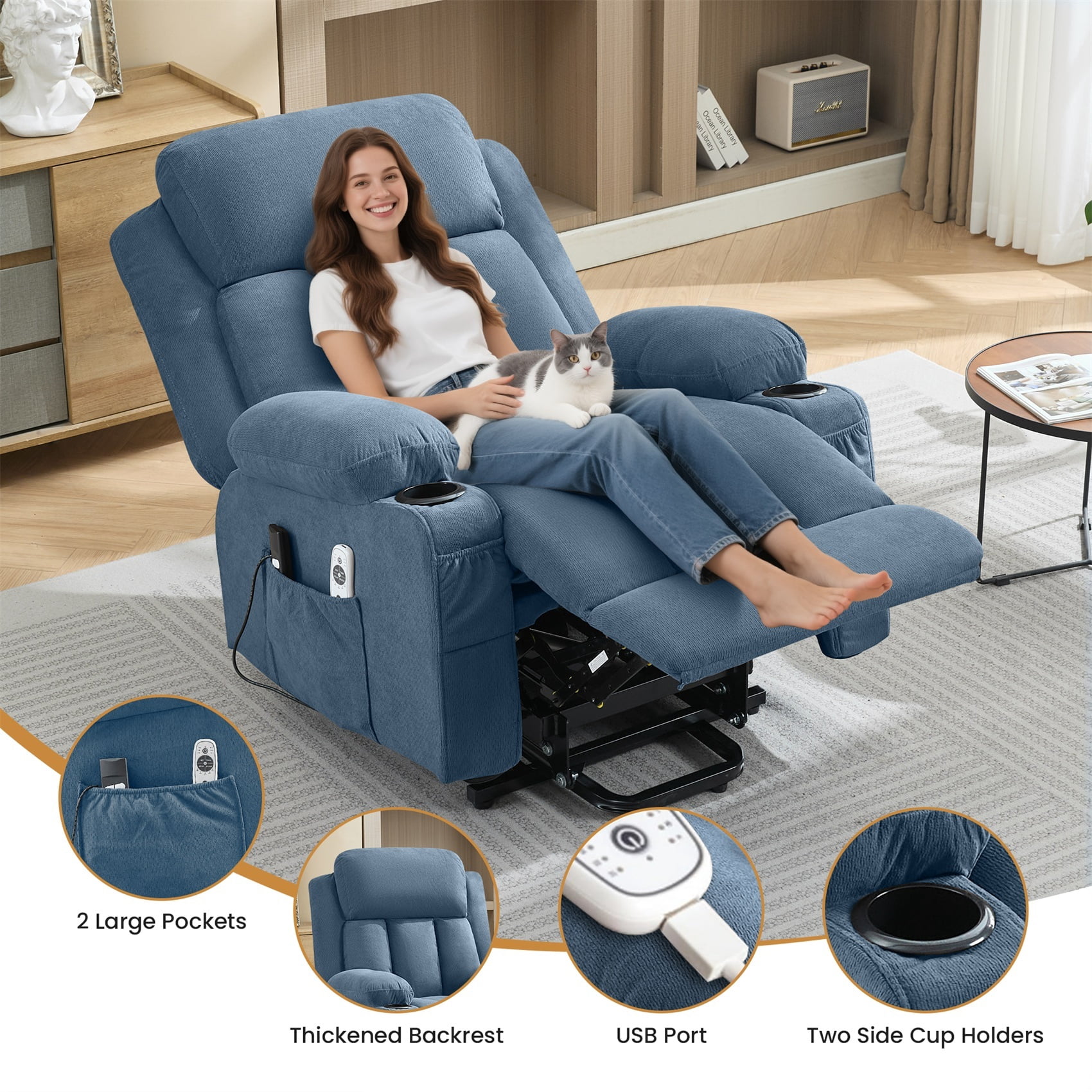 Alvantor Power Lift Recliner Chair for Elderly with Heat and Massage Single Sofa with Ergonomic, Side Pocket, Two Cup Holders for Living Room Blue