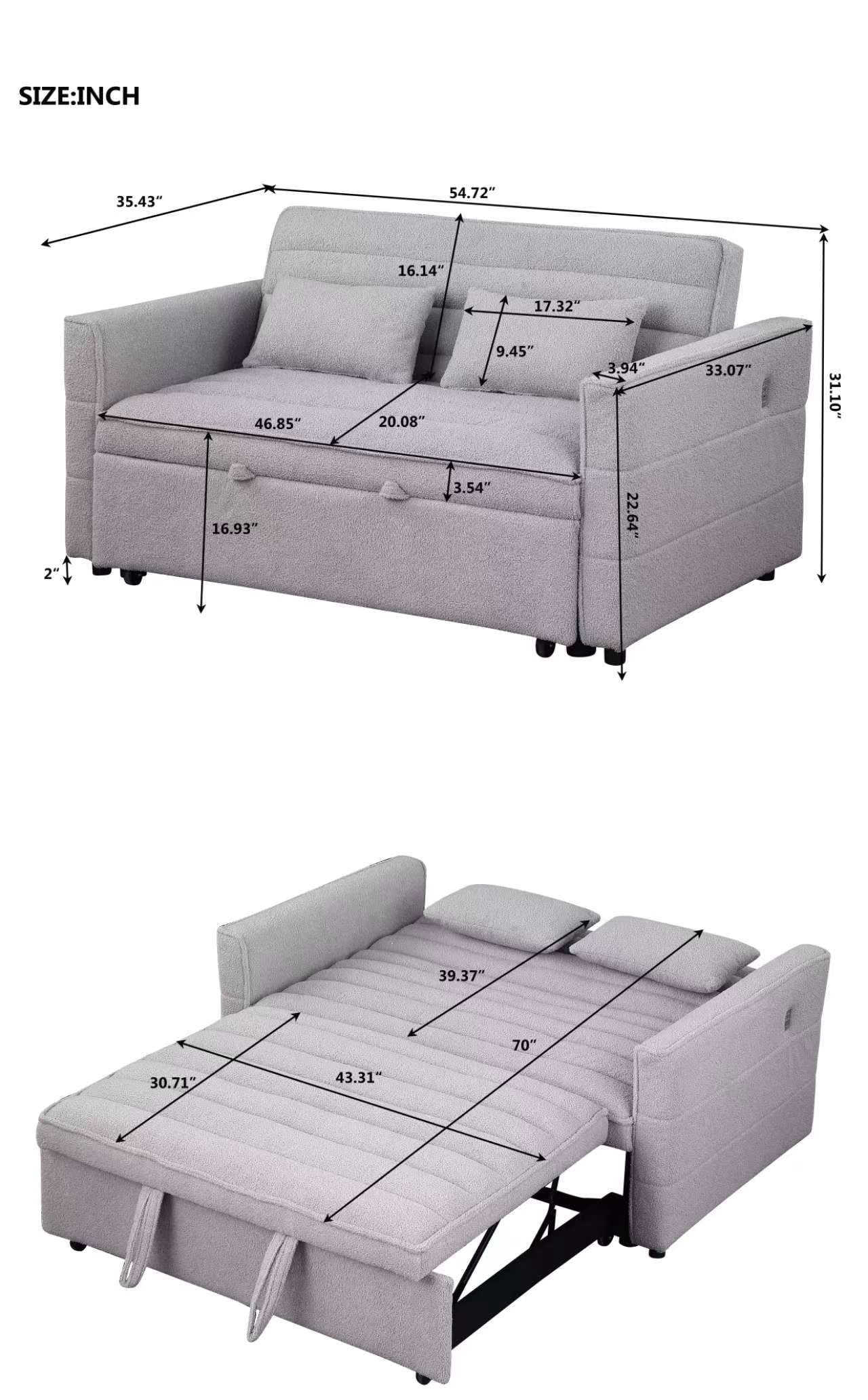 55" Convertible Sleeper Sofa Bed,Modern Boucle 3 in 1 Sleeper Sofa Couch Bed with 2 Pillows and Adjustable Backrest,2-Sater Sofa for Living Room, Bedroom,Light Gray