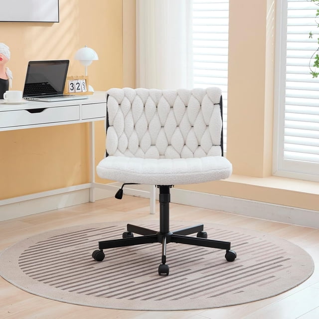 Home Office Desk Chair with Wheels, Wide Seat Criss Cross Design, Armless Swivel Makeup Vanity Chair, Modern Cross Legged Task Chair for Computer, Home Office & Study