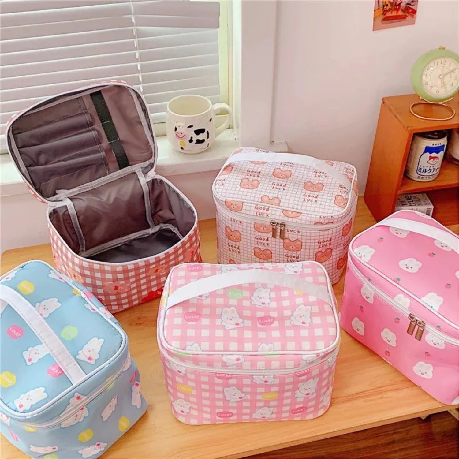 Cute Kawaii Character Pattern Cosmetic Makeup Bag, Brown