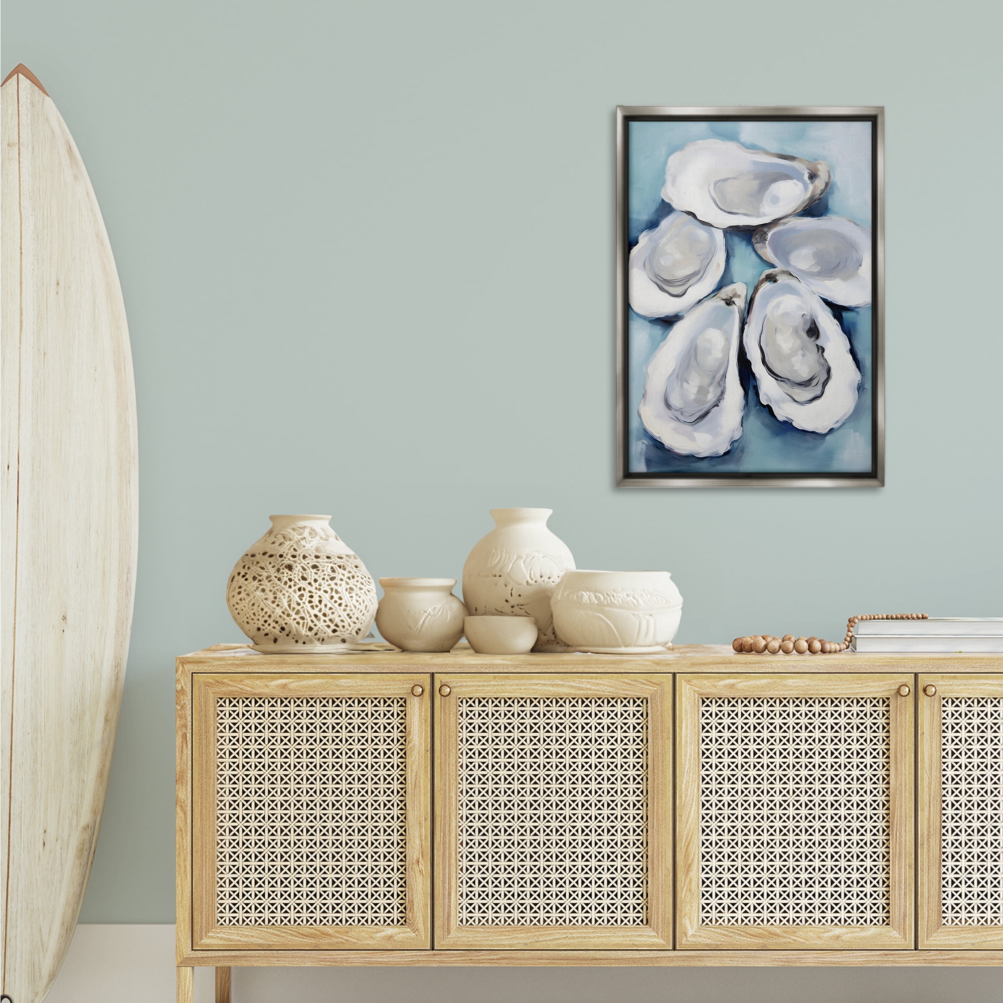 Stupell Industries Five Oyster Shells Animals & Insects Painting Gray Floater Framed Canvas Art Print Wall Art, 21 x 31