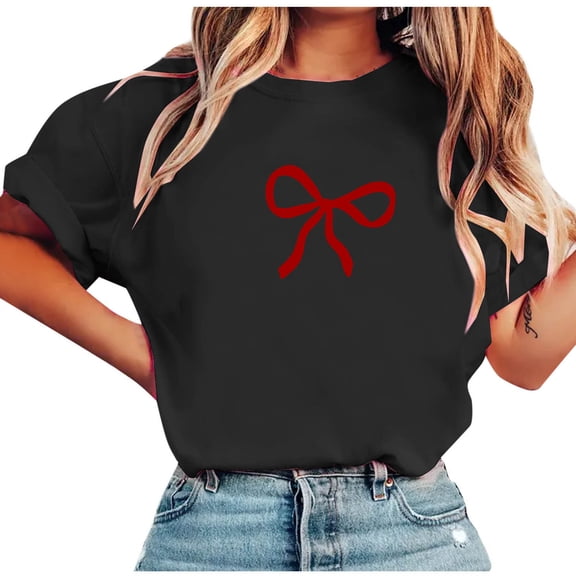Womens Short Sleeve Bow Print T-Shirt, Black Relaxed Fit Casual Tee, Soft Stretch Polyester Spandex Top for Everyday Wear,Size L