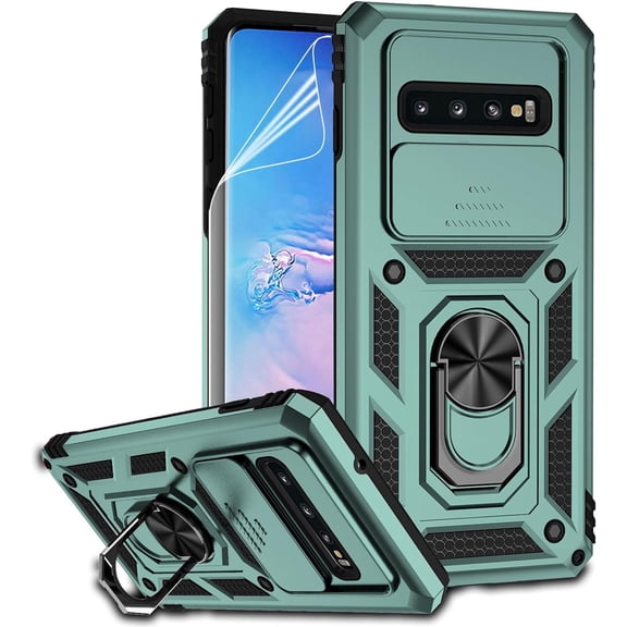 for Samsung Galaxy S10 Plus Case with Camera Lens Cover HD Screen Protector, -Grade Drop Tested Ring Holder Kickstand Protective Phone Case for Samsung Galaxy S10  Plus (Dark Green)