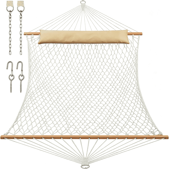 MISSMILE Traditional Rope Double Hammock-Hand Woven Cotton Hammock with Hardwood Spreader Bar and Pillow 450Lb Capacity for Outdoor Indoor Patio Yard-Natural