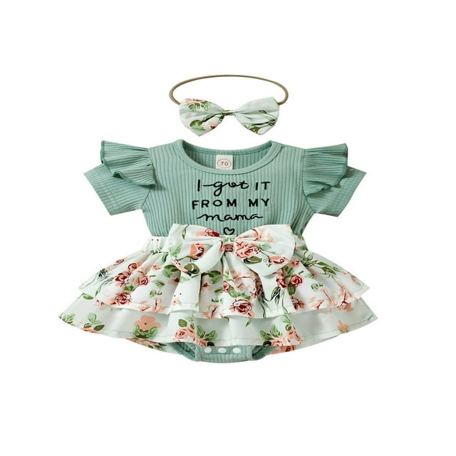 Bébé Fille Manches Courtes Robe de Body Volants + Bandeau Robes Florales Rompers 2Pcs Ensembles