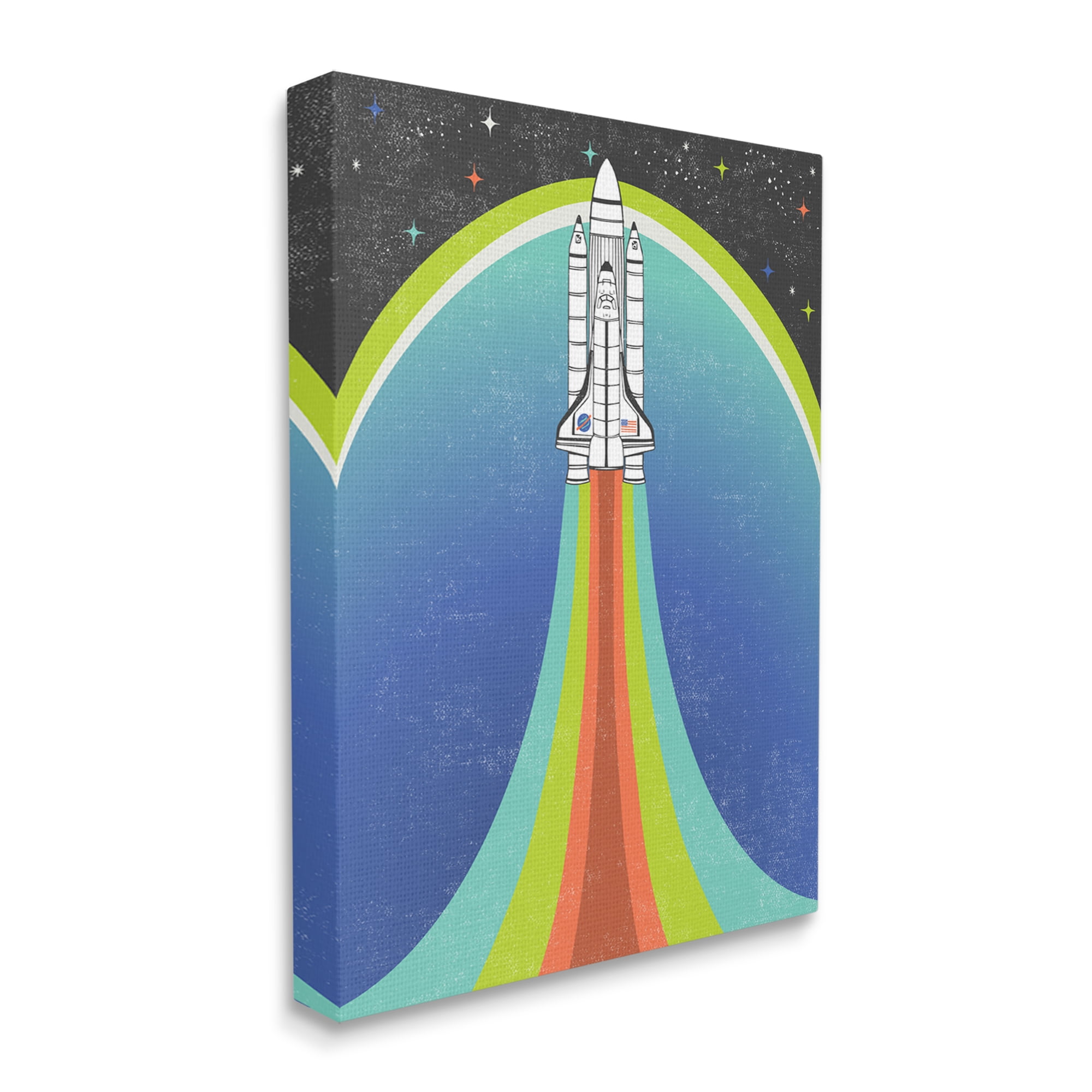 Stupell Industries Rocket Ship Taking Off Outer Space Striped Pattern Canvas Wall Art, 24 x 30, Design by Caroline Alfreds