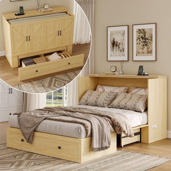 Farmhouse Murphy Bed With Storage and Build-in Charging Station For Bedroom,Guest Room, Full Size