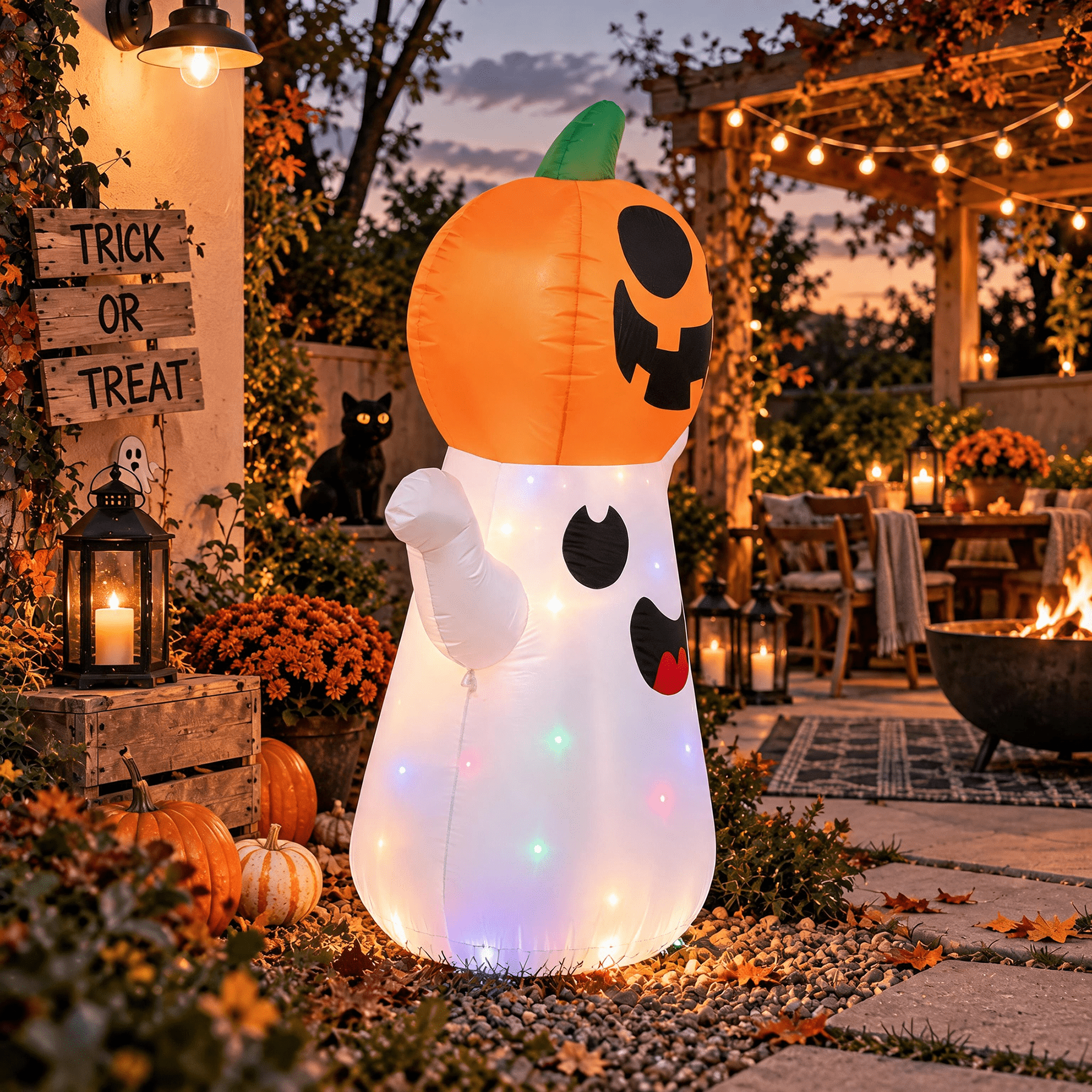 GARITIN Halloween Inflatable Decorations, 5.48 FT Blow Up Ghost with Pumpkin Head, Rotating LED Lights Waterproof Polyester Outdoor Yard Decor