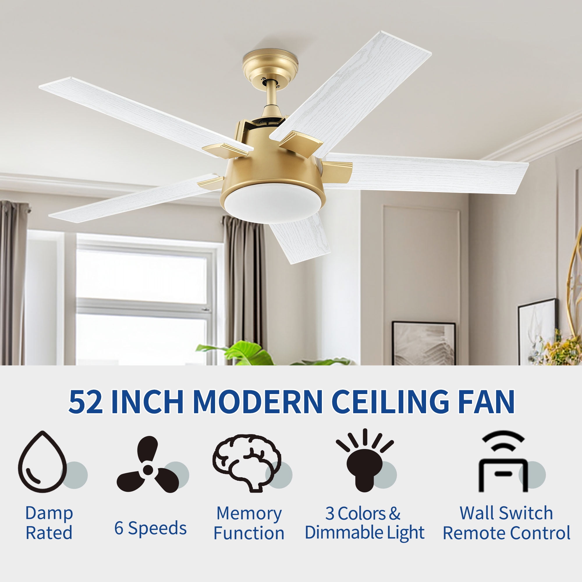 DEXTRUS 52in Farmhouse Ceiling Fans with Light and Remote with 5 Blades, 6 Speed - White
