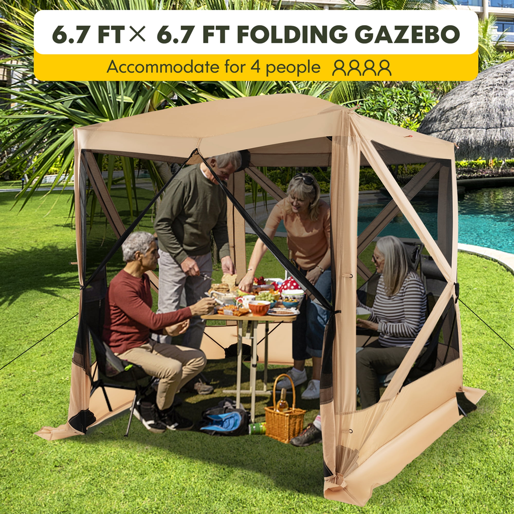 Costway 6.7 FT x 6.7 FT 4-Panel Pop up Camping Gazebo Quick-Set with 2 Sunshade Cloths Coffee
