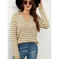 thumbnail image 3 of Womens Sweaters 2025 V Neck Long Sleeve Striped Tops Fall Winter Comfy Knit Clothes Pullover Sweater Brown & White XL, 3 of 8