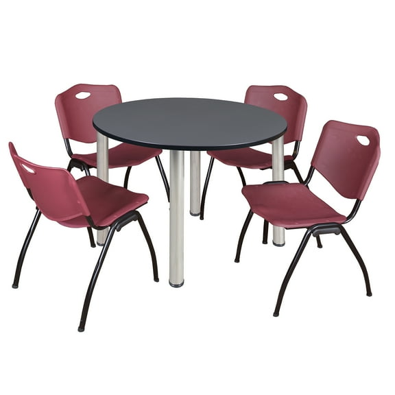 Romig Trek 48 in Round Breakroom Table- Grey Top, Chrome Legs, 4 M Stack Chairs- Burgundy