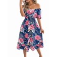 thumbnail image 3 of Women's Off Shoulder Floral Smocked Midi Flowy Long Dresses Dress for Beach Summer Blue M, 3 of 10