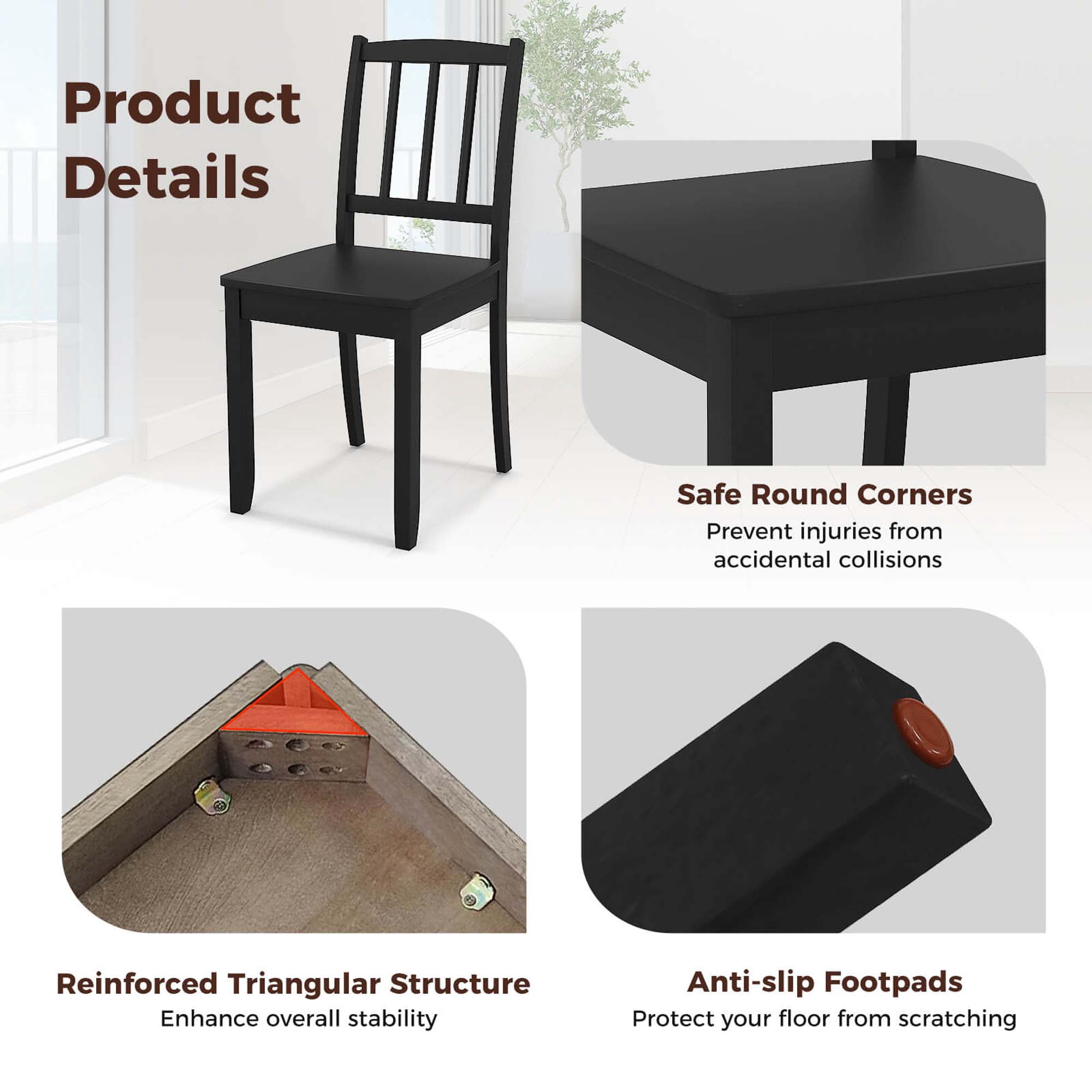 Costway Wood Dining Chair Set of 2 with Rubber Wood Legs Curved Backrest for Kitchen Black