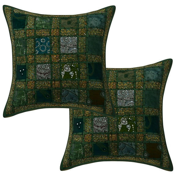 Stylo Culture Ethnic Sequins Chair Seat Throw Pillow Covers 16x16 Patchwork Embroidered Dark Green 40x40 cm Home Decor Cotton Geometric Square Cushion Covers | Set Of 2
