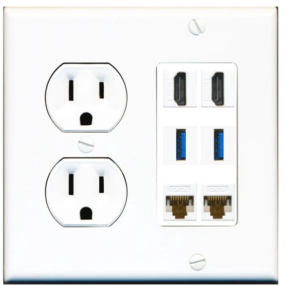 Ultra Spec Cables 2 Port HDMI 2 USB 3   2 Cat6 Wall Plate w/Round Power Outlet