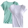 thumbnail image 1 of T-Shirt à Manches Courtes pour Femmes Soldes Chemises de Mélange 2 Pcs avec Soutien-Gorge Tunique Rembourrée Manches Courtes Col Rond Confortable Athlétique, 1 of 7