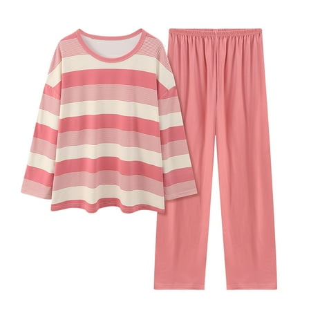 

iOPQO Pajamas For Women Womens Comfortable Stripe Gradient Pure Color Imitation Cotton Pajamas Women s Casual Loose Long Sleeved Trousers Suitloungewear Lounge Sets For Women 2 Piece Red M