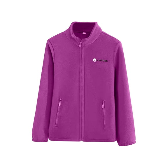 Hueook WinterJackets for Women Fashion Solid Color Casual Zipper Stand Sports Fleece Long Sleeved Jacket Purple 2X
