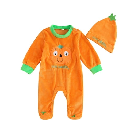 

Hirigin Baby Halloween Outfit Embroidery Pumpkin Letters Jumpsuit with Hat