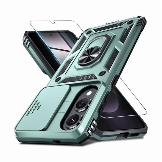 Chenchen Compatible with Samsung Galaxy S25 Edge Case Built in Slide Camera Lens Cover+Screen Protector+Finger Ring Holder Kickstand,Heavy Duty Shockproof Full Body Phone Cover,2025 Dark Green