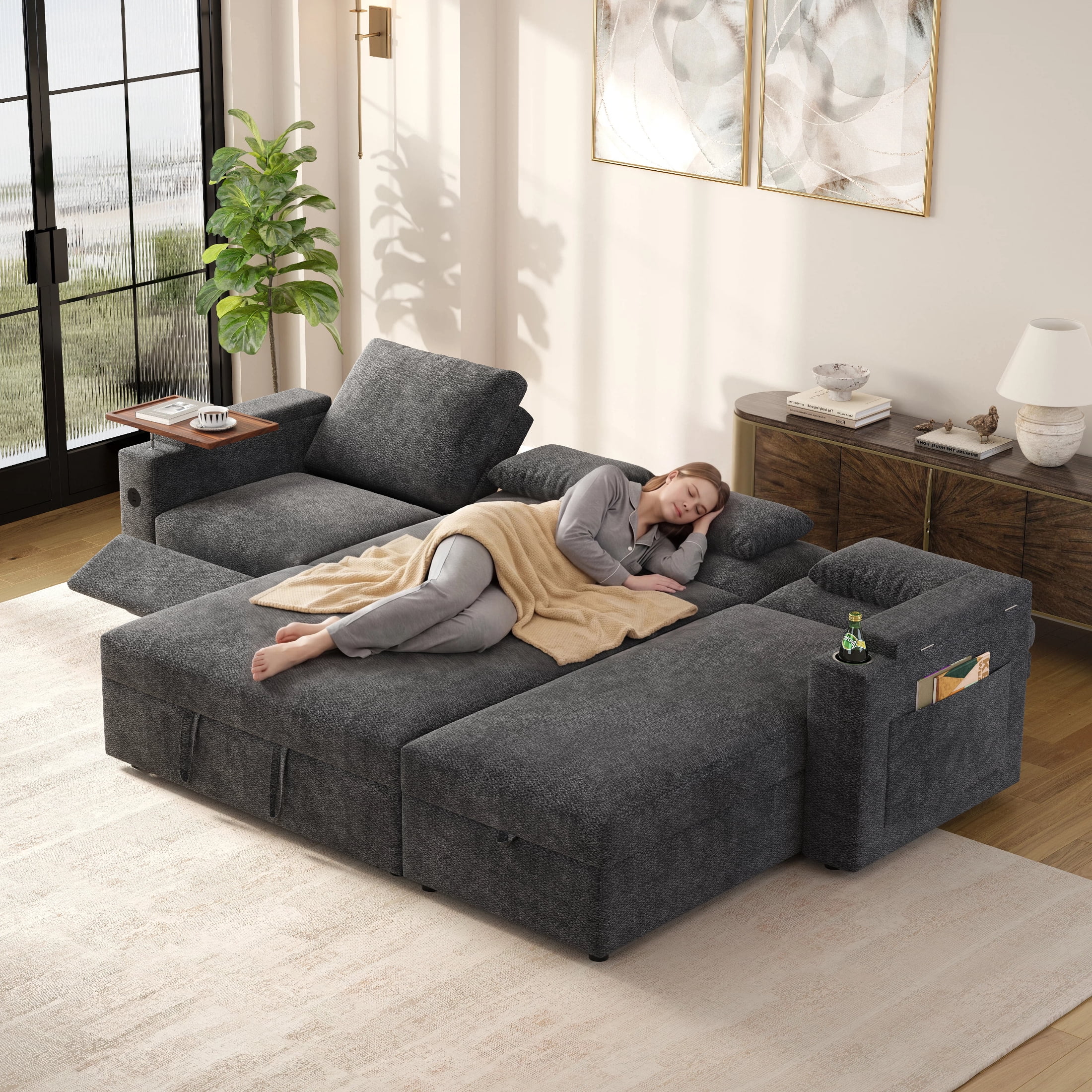 AISWORD 108" 3-in-1 Convertible Pull Out Sofa Bed, 6 Position Adjustable Sleeper Couch with USB Ports, Laptop Table, Cup Holders & Side Storage Pockets, Gray