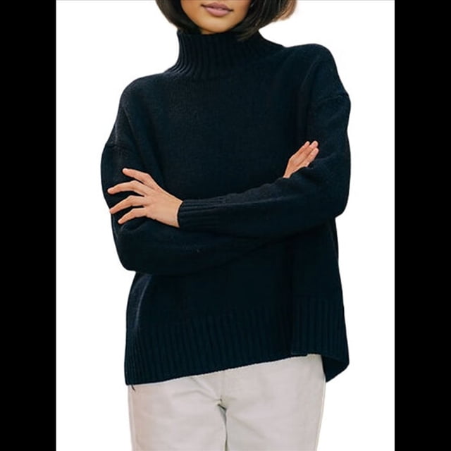 Suéter de Mujer, Jersey de Punto Grueso de Larga con Dobladillo Alto y Bajo, Jersey Básico de Moda para Otoño e Invierno. Negro Talla Única