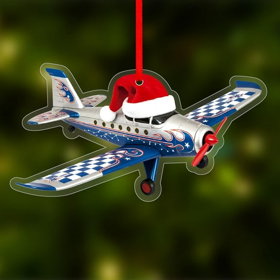 WaaHome Personalized Airplane Christmas Ornaments Acrylic Hanging Ornament for Christmas Tree Ornaments 2D Transportation Ornament with Santa Hat Xmas Gifts for Children Kid Friend Boy