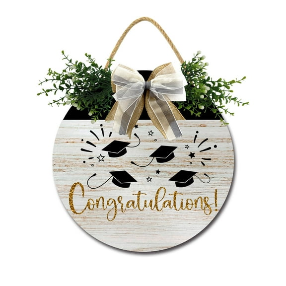 Graduation Congratulations Wreath Sign for Front Door,Horizontal Round Door Wreaths,Housewarming Gift Farmhouse Wood Door Hanger for Home Decor Indoor and Outdoor, Classroom, Yard, Porch Décor
