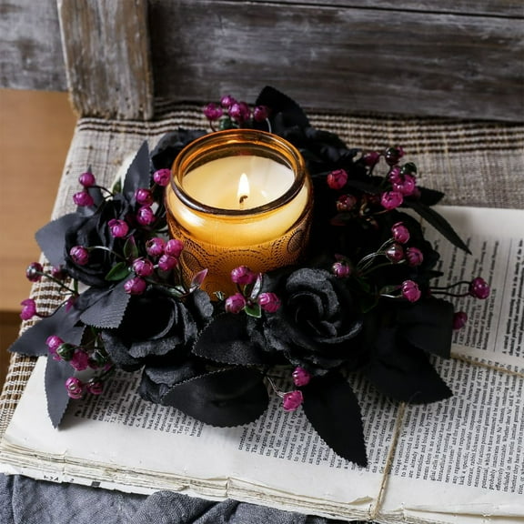 COM1950s Halloween Candle Ring Wreath with Artificial Flowers and Silk Cloth Leaves,Candlestick Decor for Table Centerpiece,Perfect for Home Party Decoration