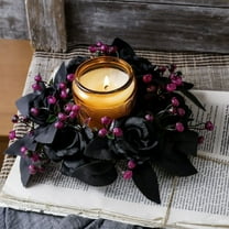 YSGFHGJW Halloween Candle Ring, Silk Artificial Flower Wreath with Fake Maple Leaves & Roses, Black, 7.87in, for Dining Table Party Halloween Decor