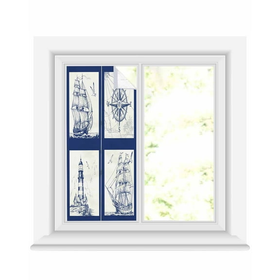 Window Privacy Film Nautical Navy Stained Glass Window Film Decorative Sun Block Window Cover Blue Lighthouse Boat Compass Ocean Window Clings Static Adhesive Sticker for Bathroom 19.6"x39.3"
