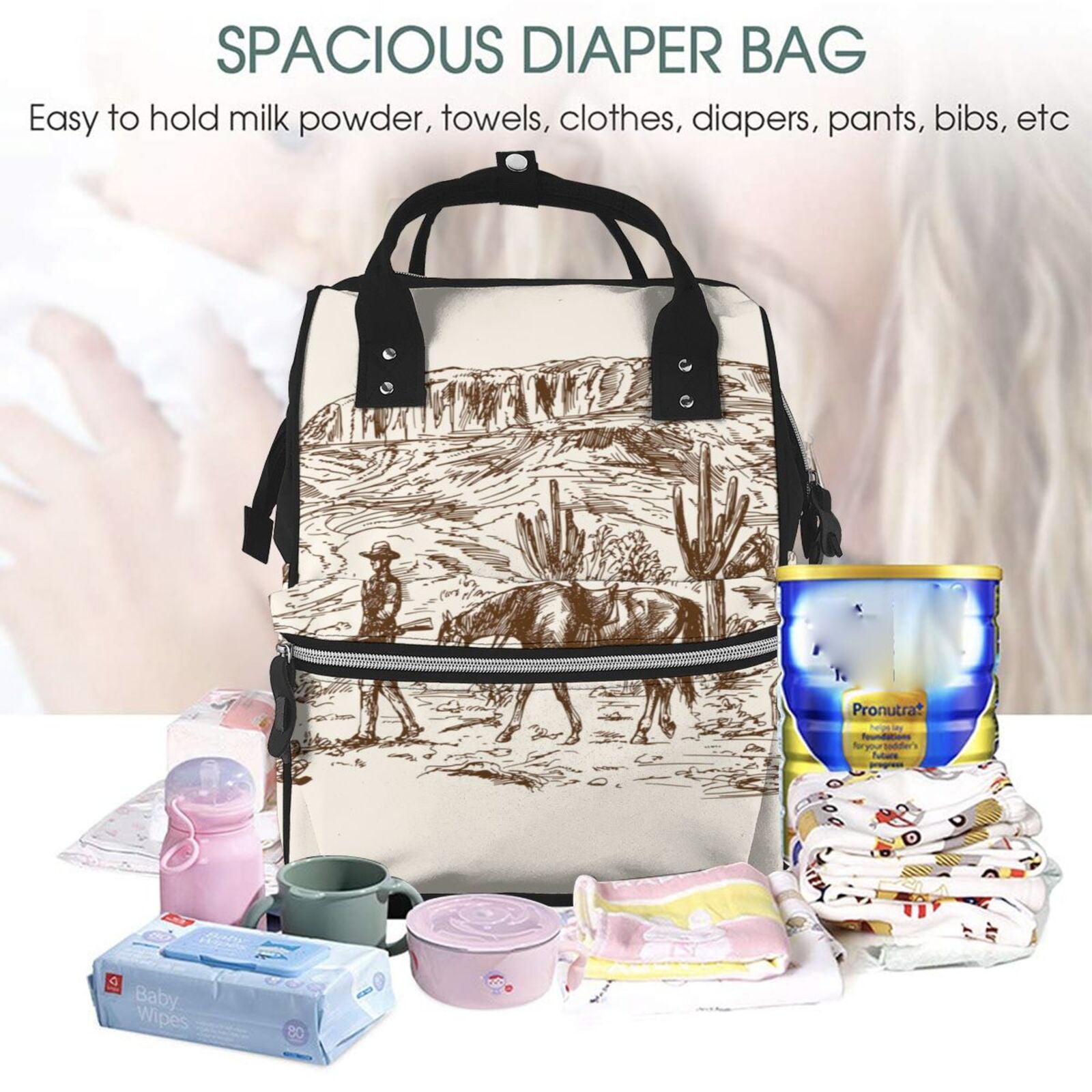 Defioc Western Desert Cowboys2 for Baby Diaper Bag Backpack - Baby Bag for Boys & Girls - Diaper Backpack - Large Travel Diaper Bags- Baby Registry Search & Shower Gifts