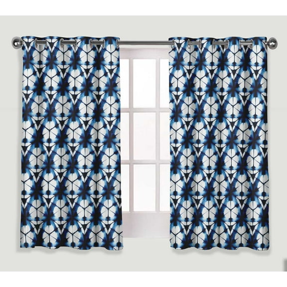 S4Sassy Cotton Duck Geometric Blue Shibori 2 Panel Set Decorative Short Window Treatment Eyelet Curtain- 54X56 Inches