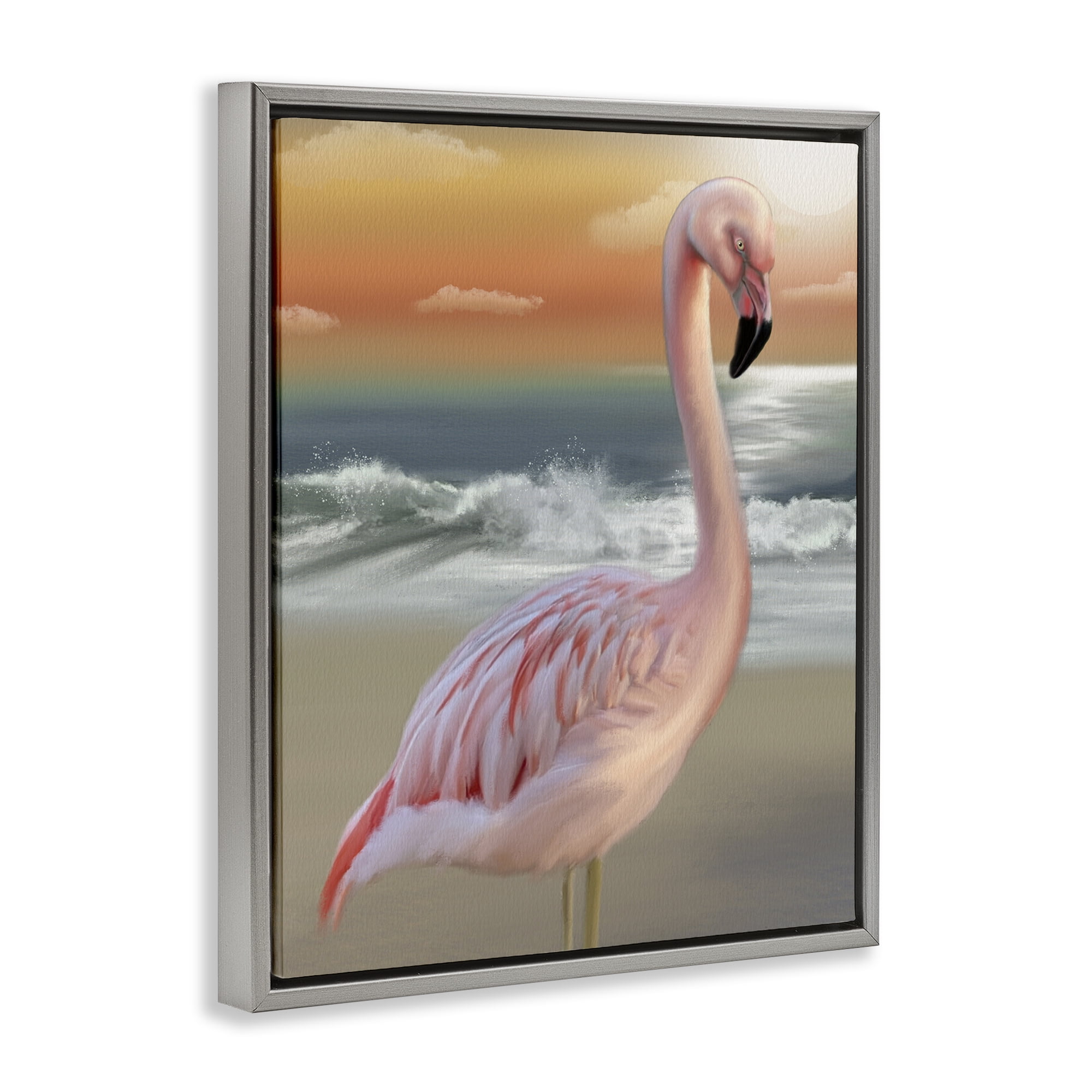 Stupell Industries Coastal Beach Flamingo Gray Framed Floater Canvas Wall Art, design by Matthew Piotrowicz