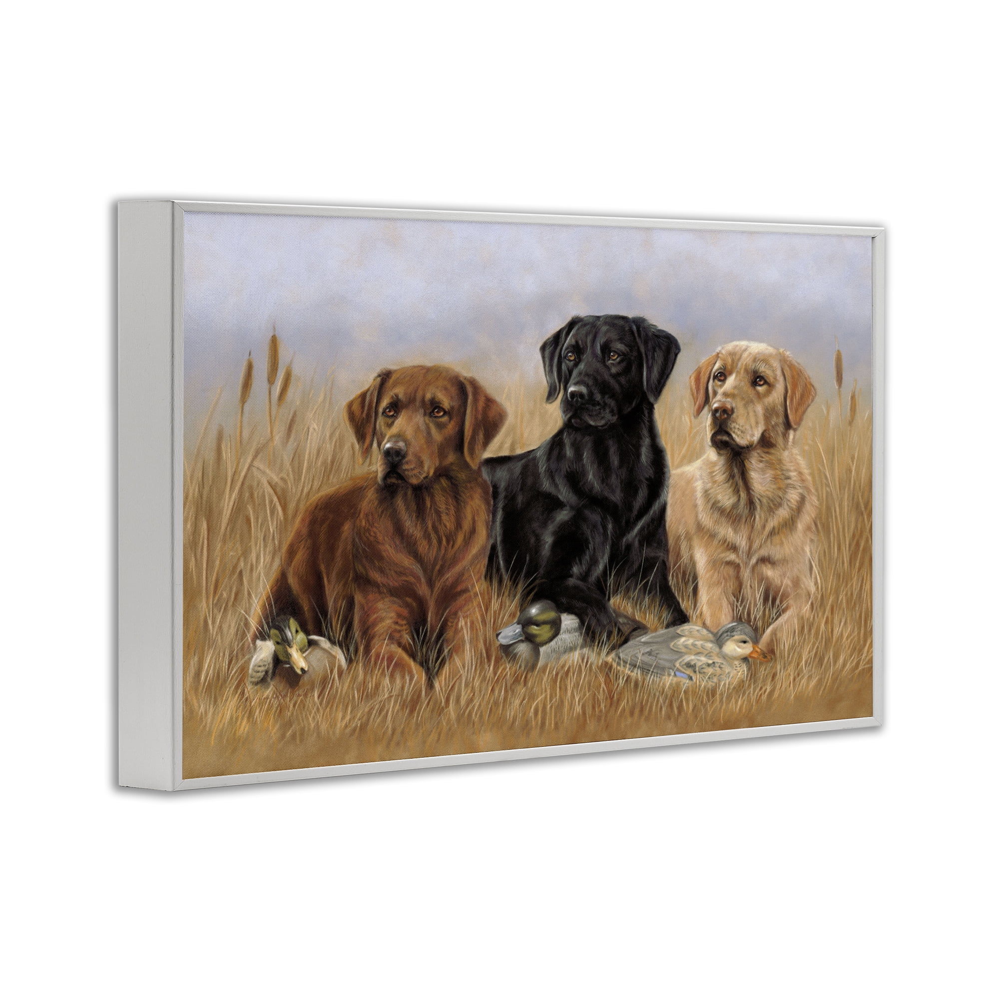 Stupell Industries Dog Trio & Ducks Animals & Insects Painting White Framed Art Print Wall Art, 18 x 12