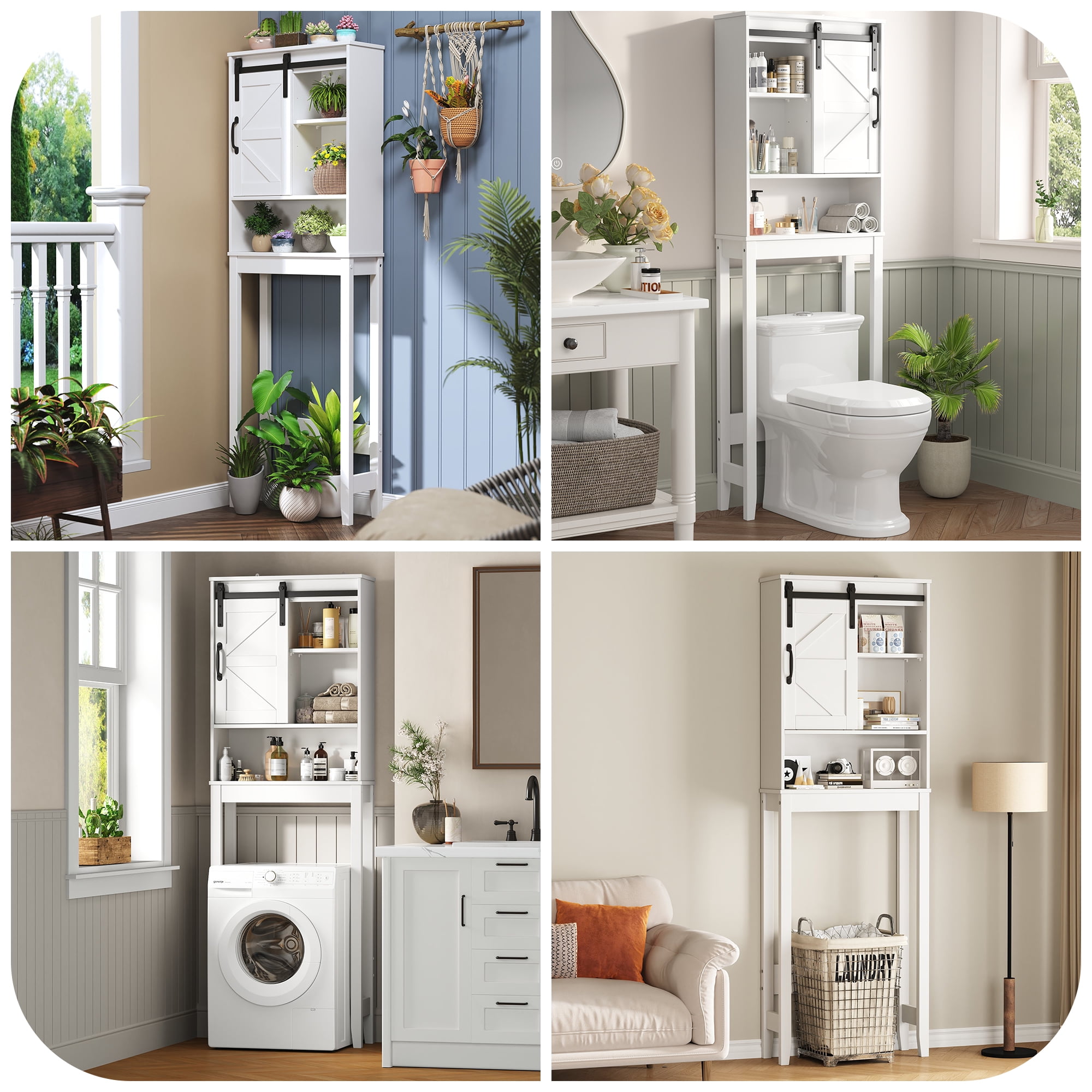 Over the Toilet Storage Cabinet, Rustic Storage Cabinet Over Toilet with Sliding Barn Door & Adjustable Shelves, Farmhouse Space Saver Organizer for Bathroom,Living Room, White